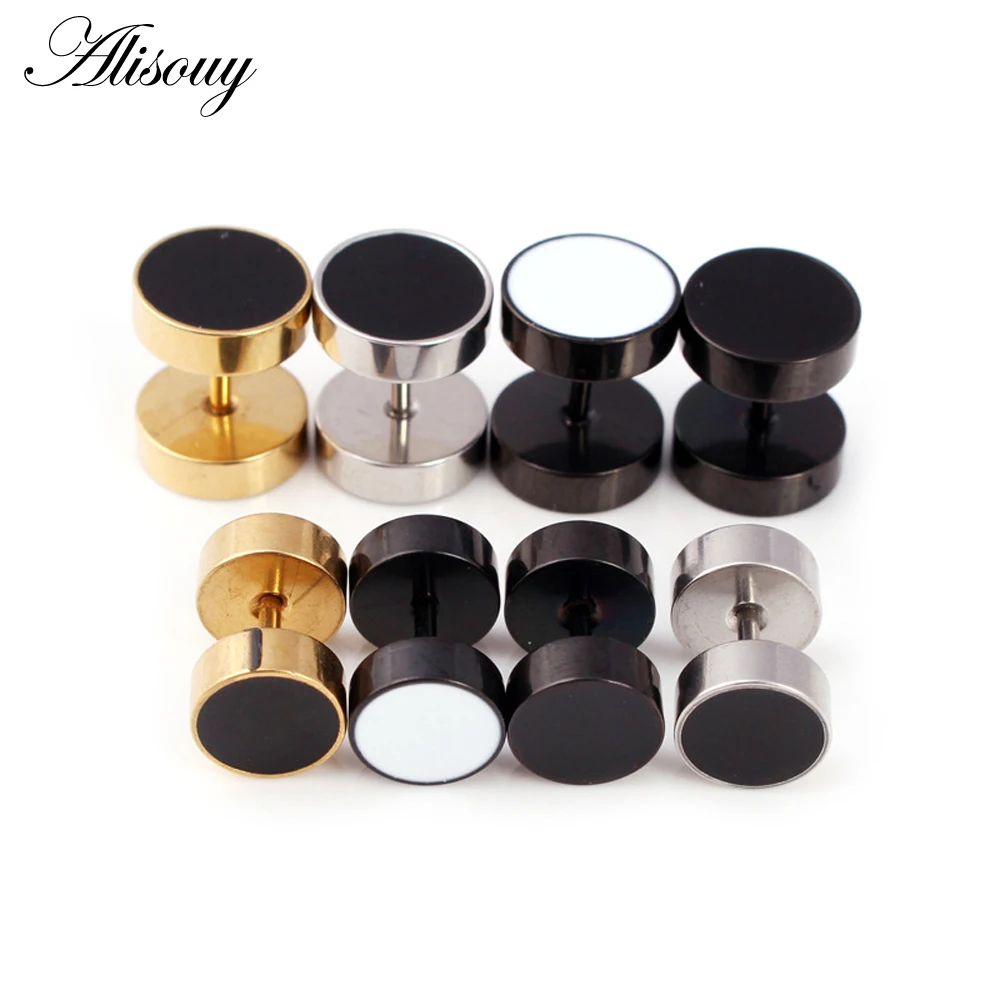 Alisouy 2pcs Drip Oil Round Barbell Body Piercing Jewelry Fake Ear Plug Tunnels Stainless Steel Earring Studs Girl Boy Earrings