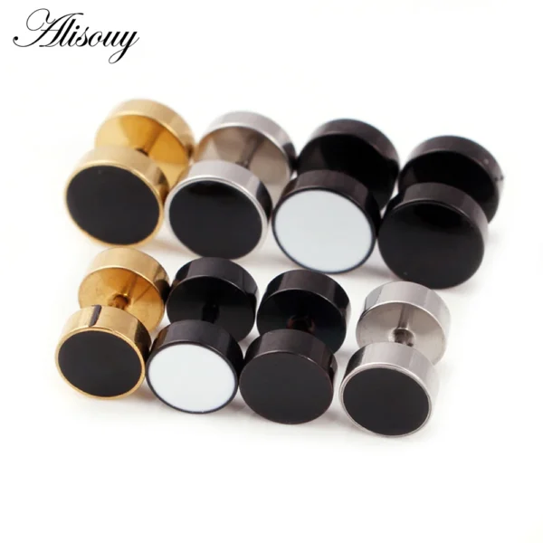 Alisouy 2pcs Drip Oil Round Barbell Body Piercing Jewelry Fake Ear Plug Tunnels Stainless Steel Earring Studs Girl Boy Earrings - Image 2